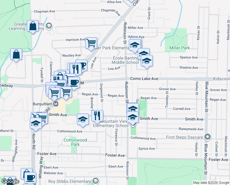map of restaurants, bars, coffee shops, grocery stores, and more near 717 Regan Avenue in Coquitlam
