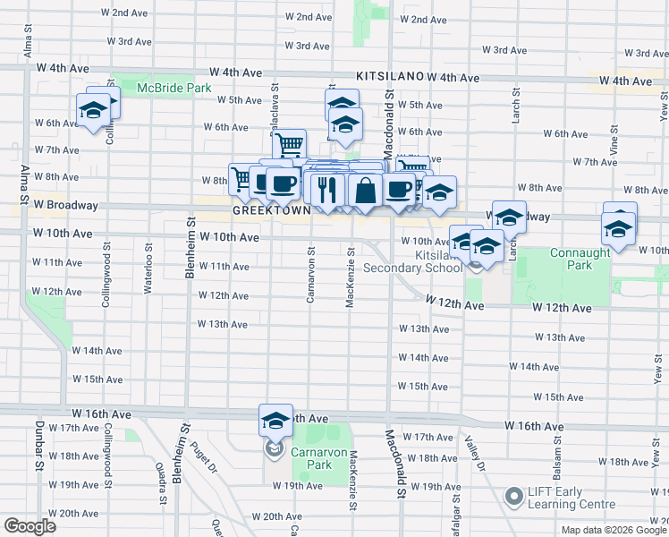 map of restaurants, bars, coffee shops, grocery stores, and more near 2996 West 11th Avenue in Vancouver