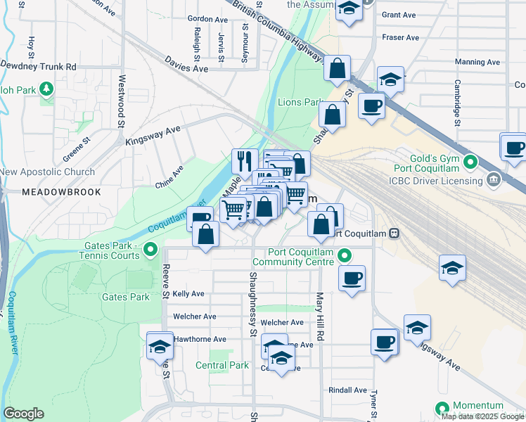 map of restaurants, bars, coffee shops, grocery stores, and more near 2311 Whyte Avenue in Port Coquitlam