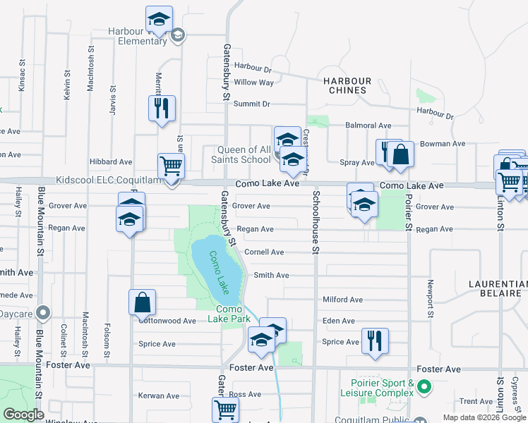 map of restaurants, bars, coffee shops, grocery stores, and more near 1370 Grover Avenue in Coquitlam