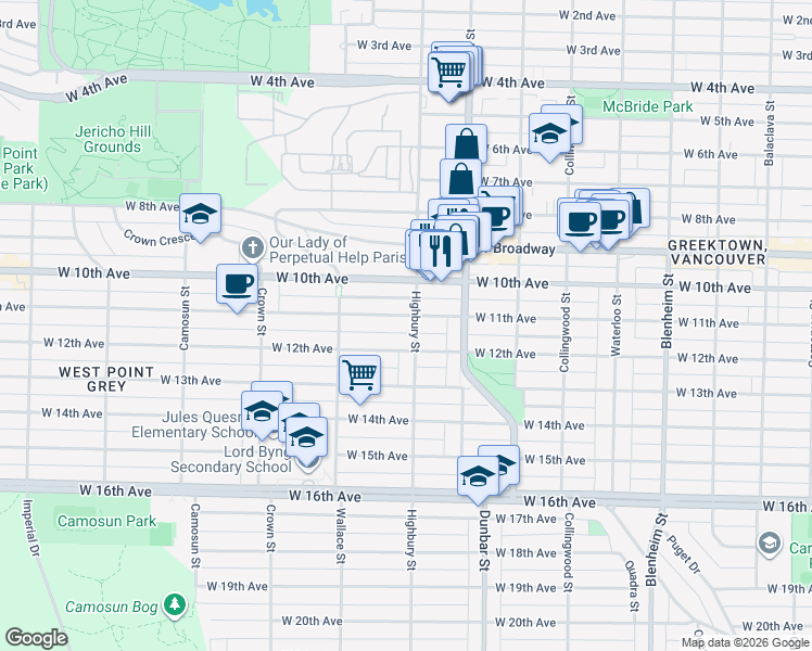 map of restaurants, bars, coffee shops, grocery stores, and more near 3814 West 11th Avenue in Vancouver