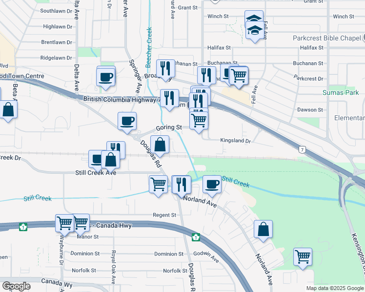 map of restaurants, bars, coffee shops, grocery stores, and more near 5550 Goring Street in Burnaby