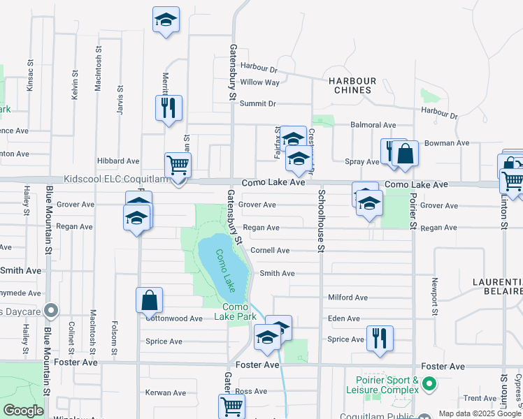 map of restaurants, bars, coffee shops, grocery stores, and more near 1350 Grover Avenue in Coquitlam