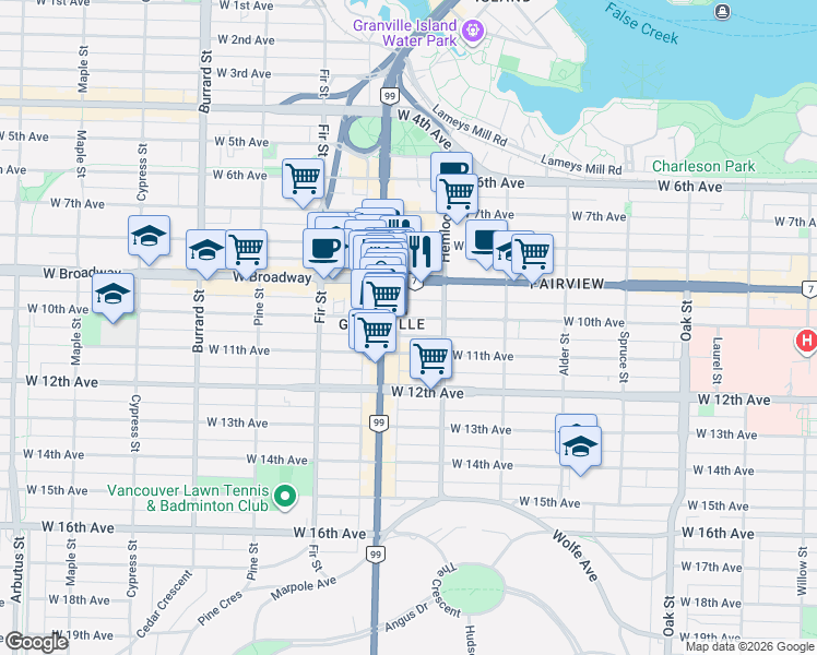 map of restaurants, bars, coffee shops, grocery stores, and more near 1476 West 10th Avenue in Vancouver