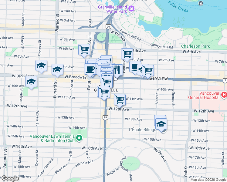 map of restaurants, bars, coffee shops, grocery stores, and more near 1476 West 10th Avenue in Vancouver
