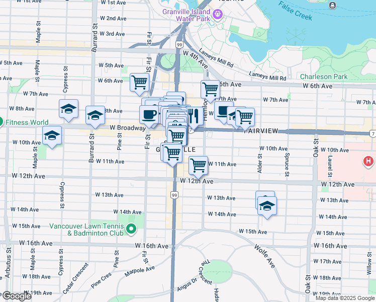 map of restaurants, bars, coffee shops, grocery stores, and more near 1476 West 10th Avenue in Vancouver