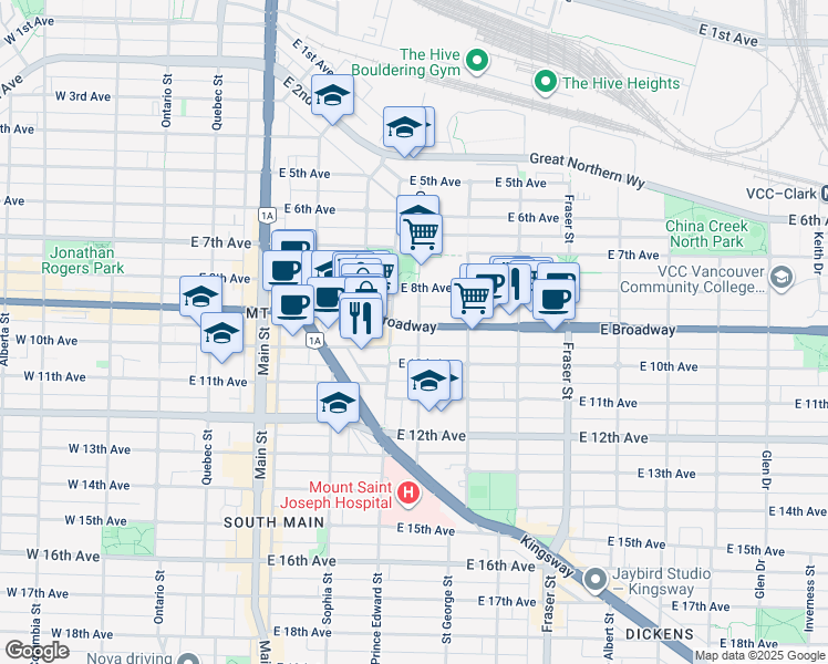 map of restaurants, bars, coffee shops, grocery stores, and more near 438 East Broadway in Vancouver