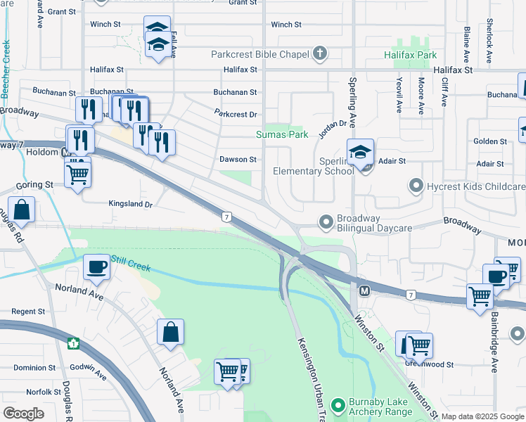 map of restaurants, bars, coffee shops, grocery stores, and more near 6502 Broadway in Burnaby