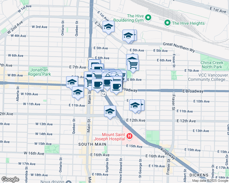 map of restaurants, bars, coffee shops, grocery stores, and more near 370 East Broadway in Vancouver