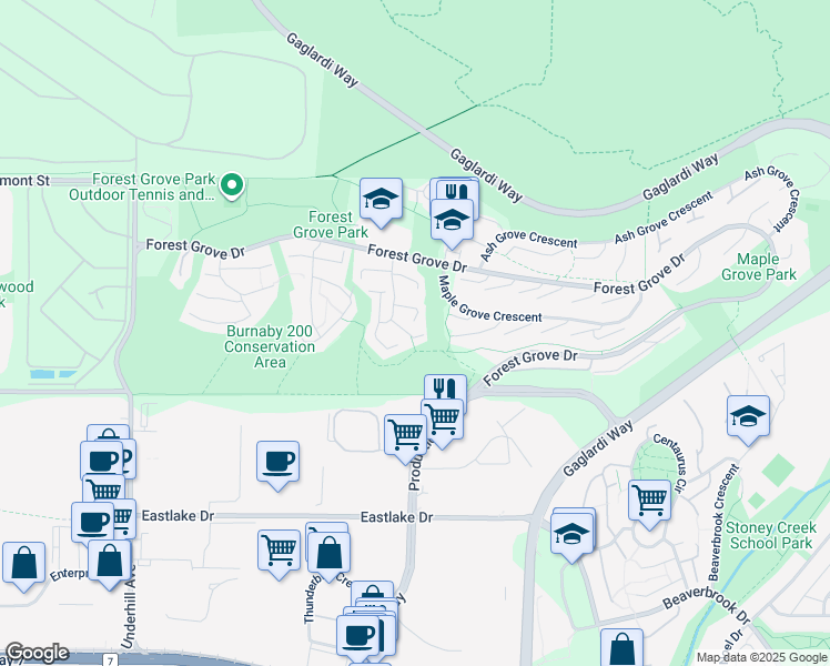 map of restaurants, bars, coffee shops, grocery stores, and more near 8569 Wilderness Court in Burnaby