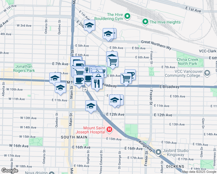 map of restaurants, bars, coffee shops, grocery stores, and more near 418 East Broadway in Vancouver