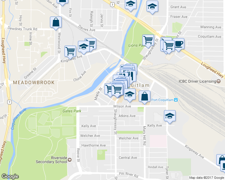 map of restaurants, bars, coffee shops, grocery stores, and more near 2336 Whyte Avenue in Port Coquitlam