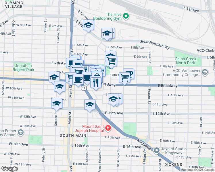 map of restaurants, bars, coffee shops, grocery stores, and more near 418 East Broadway in Vancouver