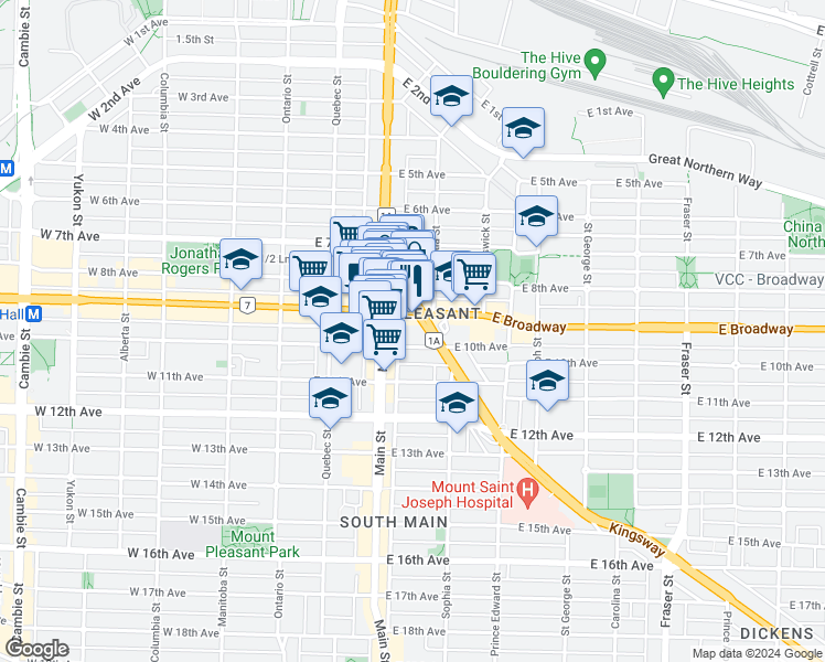 map of restaurants, bars, coffee shops, grocery stores, and more near 2490 Main Street in Vancouver
