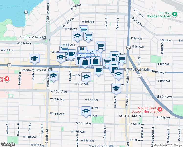 map of restaurants, bars, coffee shops, grocery stores, and more near 112 West 8th Avenue in Vancouver