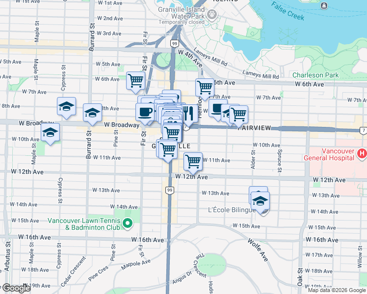 map of restaurants, bars, coffee shops, grocery stores, and more near in Vancouver