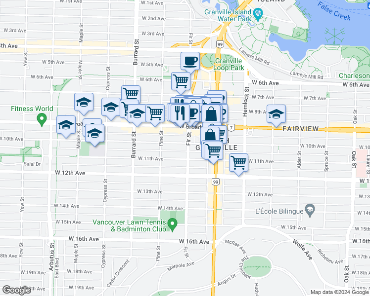 map of restaurants, bars, coffee shops, grocery stores, and more near 1606 West 10th Avenue in Vancouver