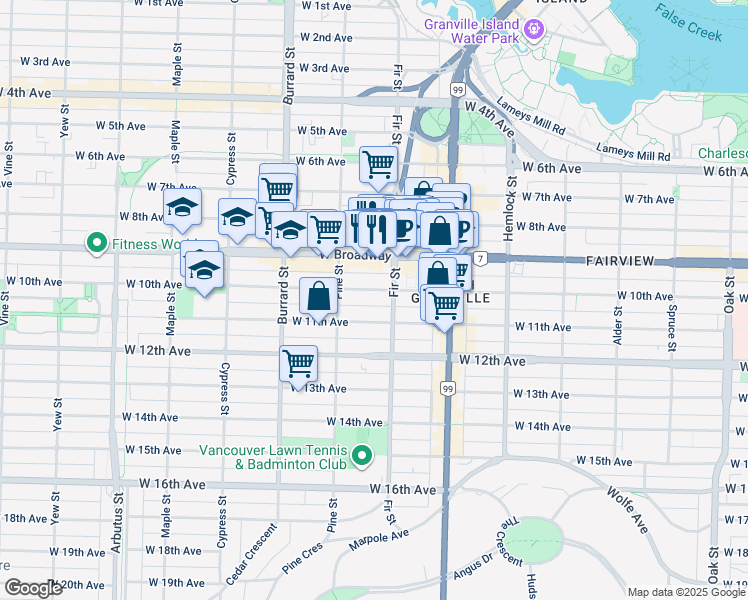 map of restaurants, bars, coffee shops, grocery stores, and more near in Vancouver