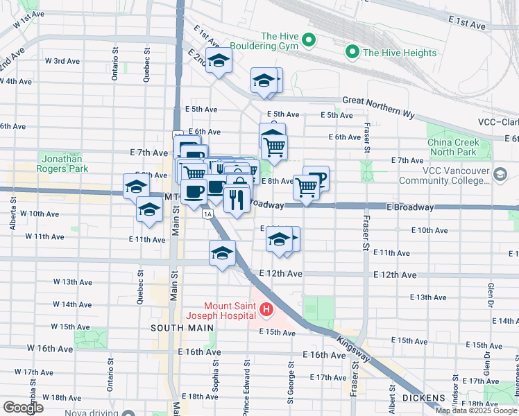 map of restaurants, bars, coffee shops, grocery stores, and more near 410 East Broadway in Vancouver