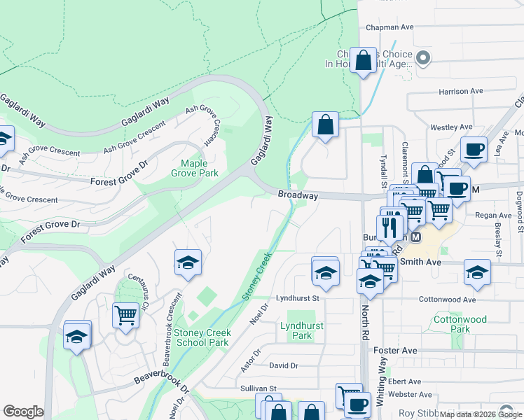 map of restaurants, bars, coffee shops, grocery stores, and more near 2561 Stoney Creek Place in Burnaby