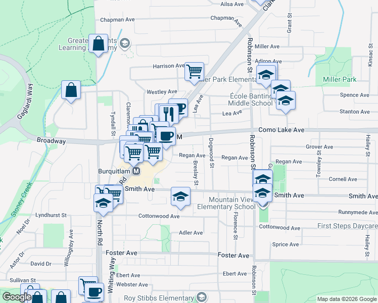map of restaurants, bars, coffee shops, grocery stores, and more near in Coquitlam