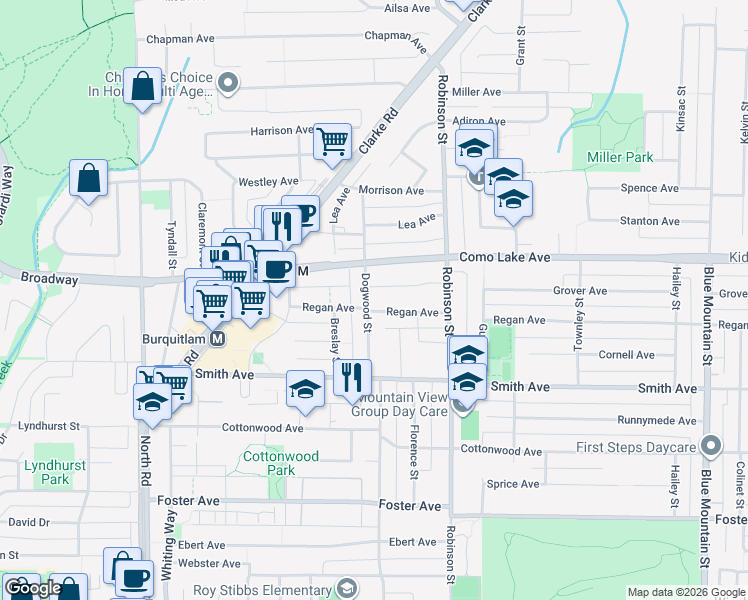 map of restaurants, bars, coffee shops, grocery stores, and more near 741 Dogwood Street in Coquitlam