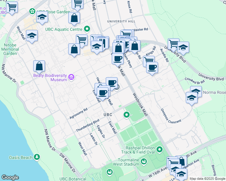 map of restaurants, bars, coffee shops, grocery stores, and more near 2350 Health Sciences Mall in Vancouver