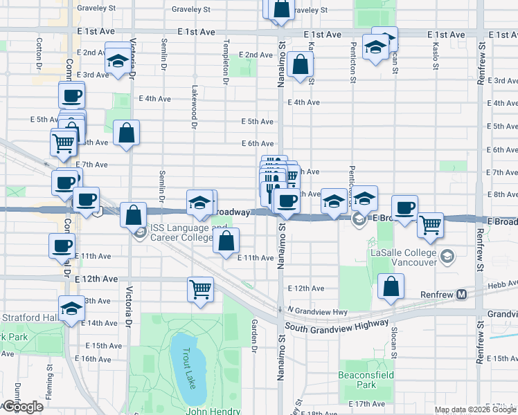 map of restaurants, bars, coffee shops, grocery stores, and more near 2488 Garden Drive in Vancouver