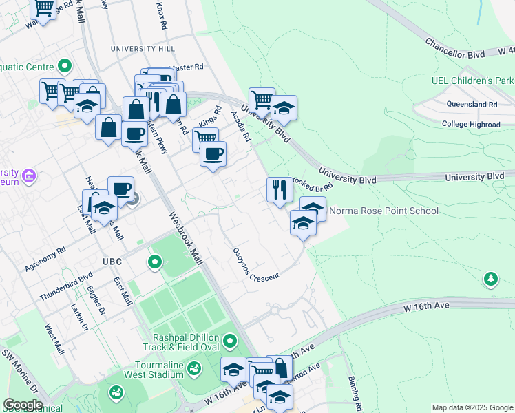 map of restaurants, bars, coffee shops, grocery stores, and more near 2725 Melfa Road in Vancouver