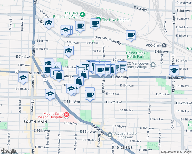 map of restaurants, bars, coffee shops, grocery stores, and more near 630 East Broadway in Vancouver