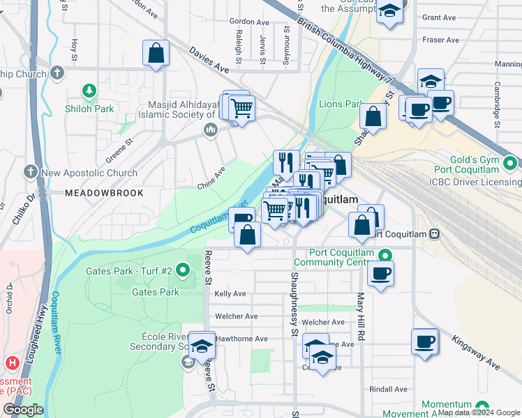 map of restaurants, bars, coffee shops, grocery stores, and more near 2371 Marpole Avenue in Port Coquitlam