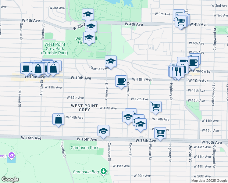 map of restaurants, bars, coffee shops, grocery stores, and more near 4068 West 11th Avenue in Vancouver