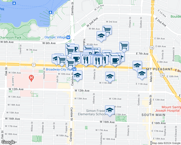 map of restaurants, bars, coffee shops, grocery stores, and more near 201 West 10th Avenue in Vancouver