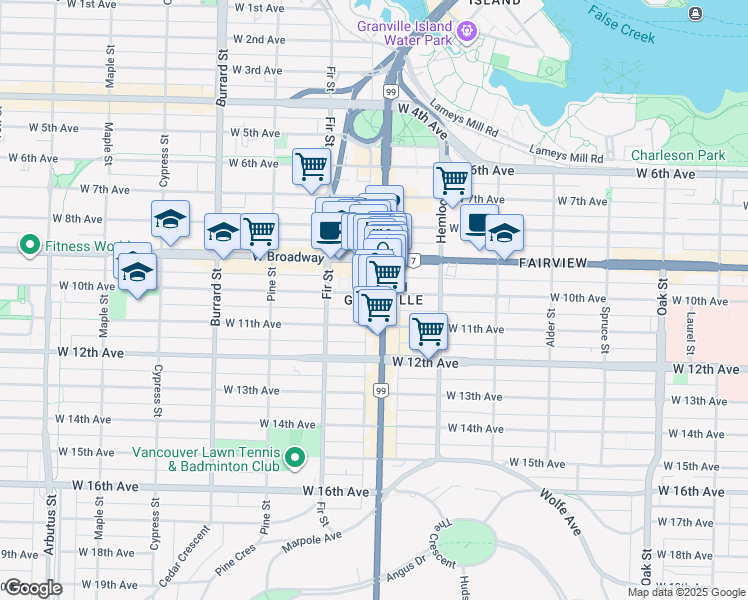 map of restaurants, bars, coffee shops, grocery stores, and more near 2447 Granville Street in Vancouver