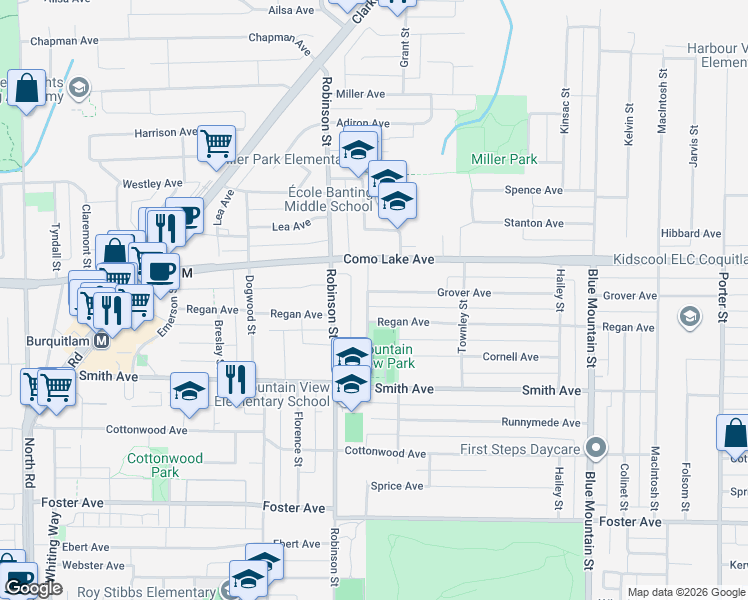 map of restaurants, bars, coffee shops, grocery stores, and more near 760 Grover Avenue in Coquitlam
