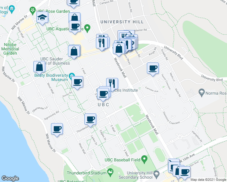 map of restaurants, bars, coffee shops, grocery stores, and more near 2350 Health Sciences Mall in Vancouver