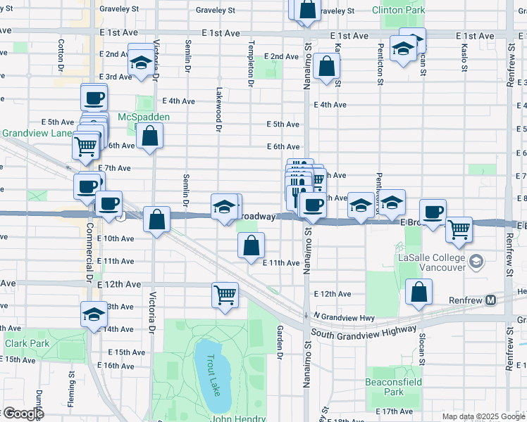 map of restaurants, bars, coffee shops, grocery stores, and more near 2235 East Broadway in Vancouver