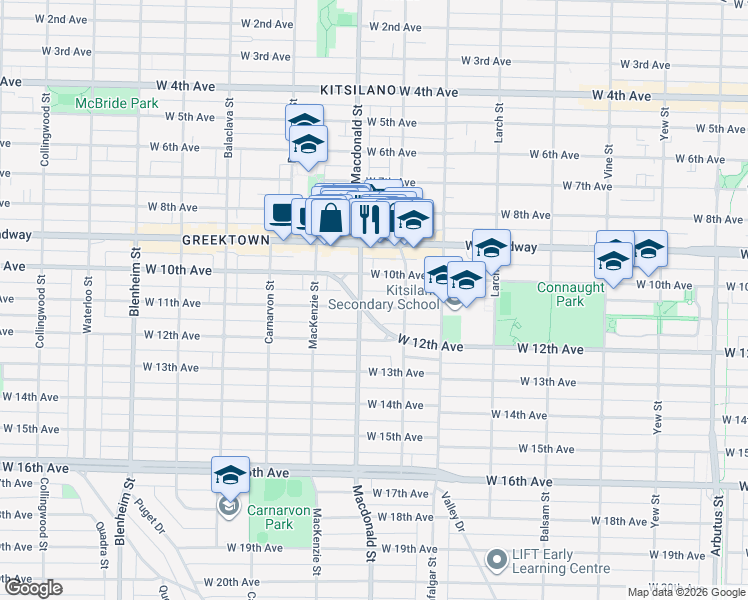 map of restaurants, bars, coffee shops, grocery stores, and more near 2755 West 11th Avenue in Vancouver
