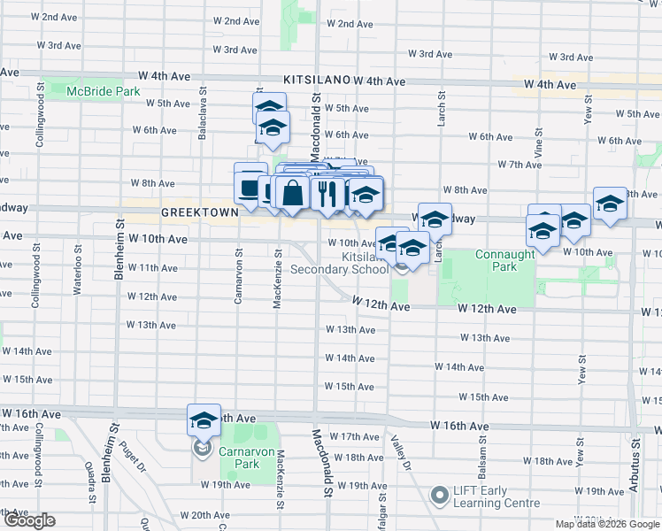 map of restaurants, bars, coffee shops, grocery stores, and more near 2755 West 11th Avenue in Vancouver