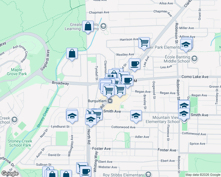 map of restaurants, bars, coffee shops, grocery stores, and more near in Coquitlam