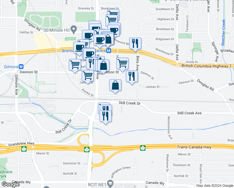 map of restaurants, bars, coffee shops, grocery stores, and more near in Burnaby