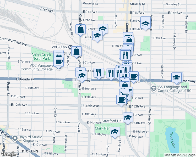 map of restaurants, bars, coffee shops, grocery stores, and more near 1420 East 8th Avenue in Vancouver