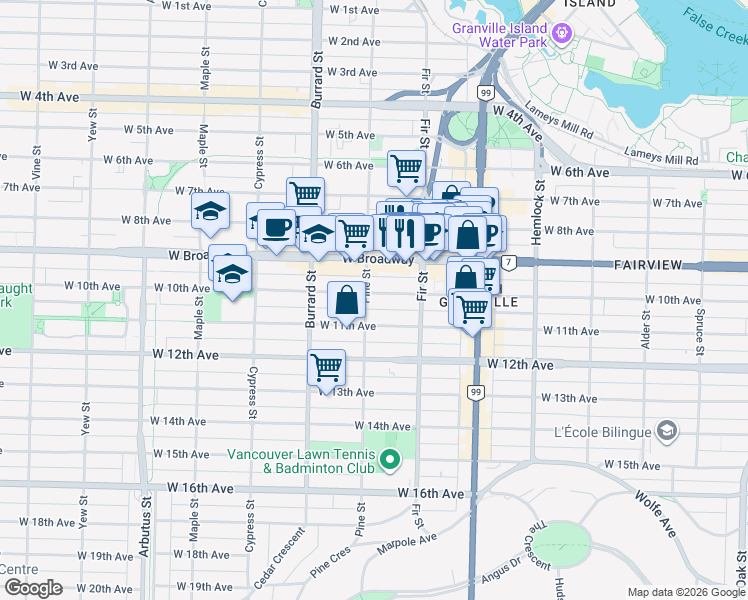 map of restaurants, bars, coffee shops, grocery stores, and more near 1696 West 10th Avenue in Vancouver