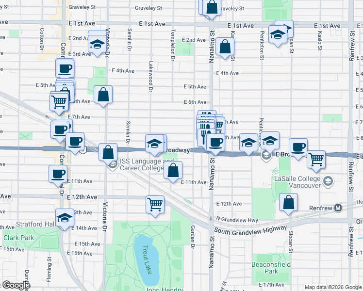map of restaurants, bars, coffee shops, grocery stores, and more near 2235 East Broadway in Vancouver