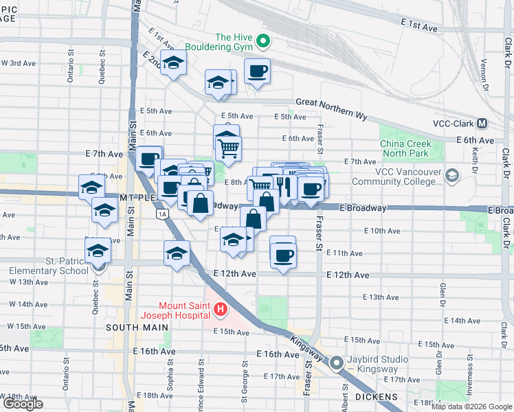 map of restaurants, bars, coffee shops, grocery stores, and more near 495 East Broadway in Vancouver