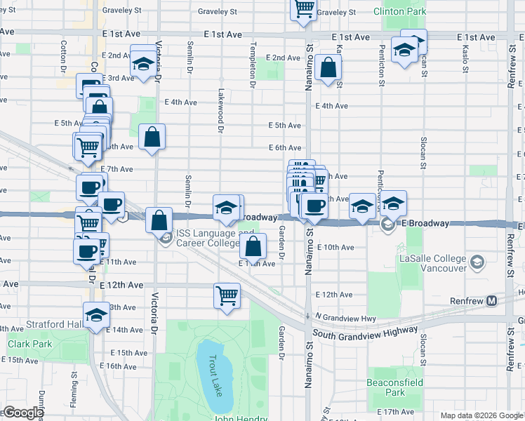 map of restaurants, bars, coffee shops, grocery stores, and more near 2235 East Broadway in Vancouver