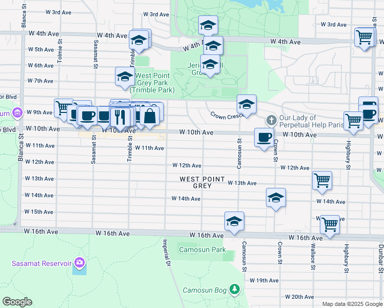 map of restaurants, bars, coffee shops, grocery stores, and more near 4228 West 11th Avenue in Vancouver