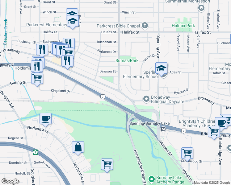 map of restaurants, bars, coffee shops, grocery stores, and more near 6464 Broadway in Burnaby