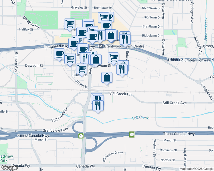 map of restaurants, bars, coffee shops, grocery stores, and more near 2425 Alpha Avenue in Burnaby