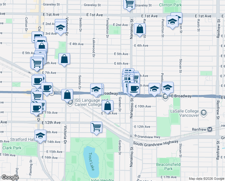 map of restaurants, bars, coffee shops, grocery stores, and more near 2235 East Broadway in Vancouver